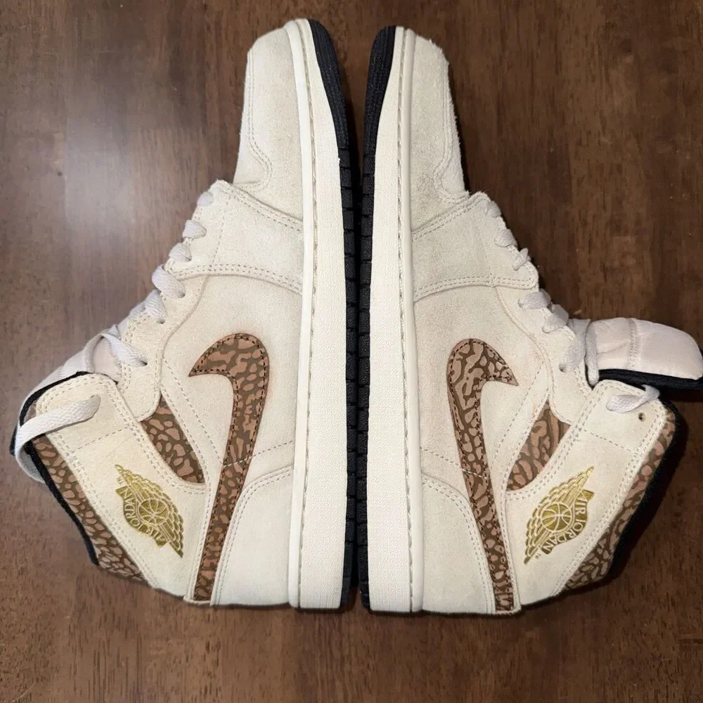 Nike Air Jordan 1 Mid DZ4129-102 Mens 10 Tan Brown Elephant Print Suede Shoes